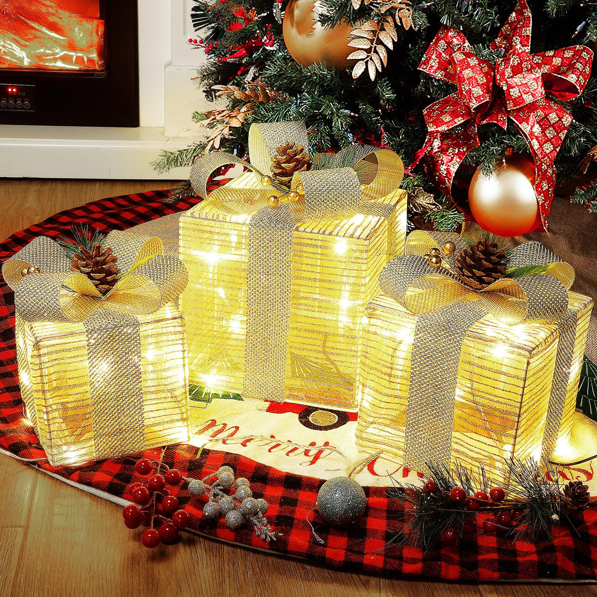 Lighted Christmas Boxes, 60 LEDs Lighted Deocr with Bowknots
