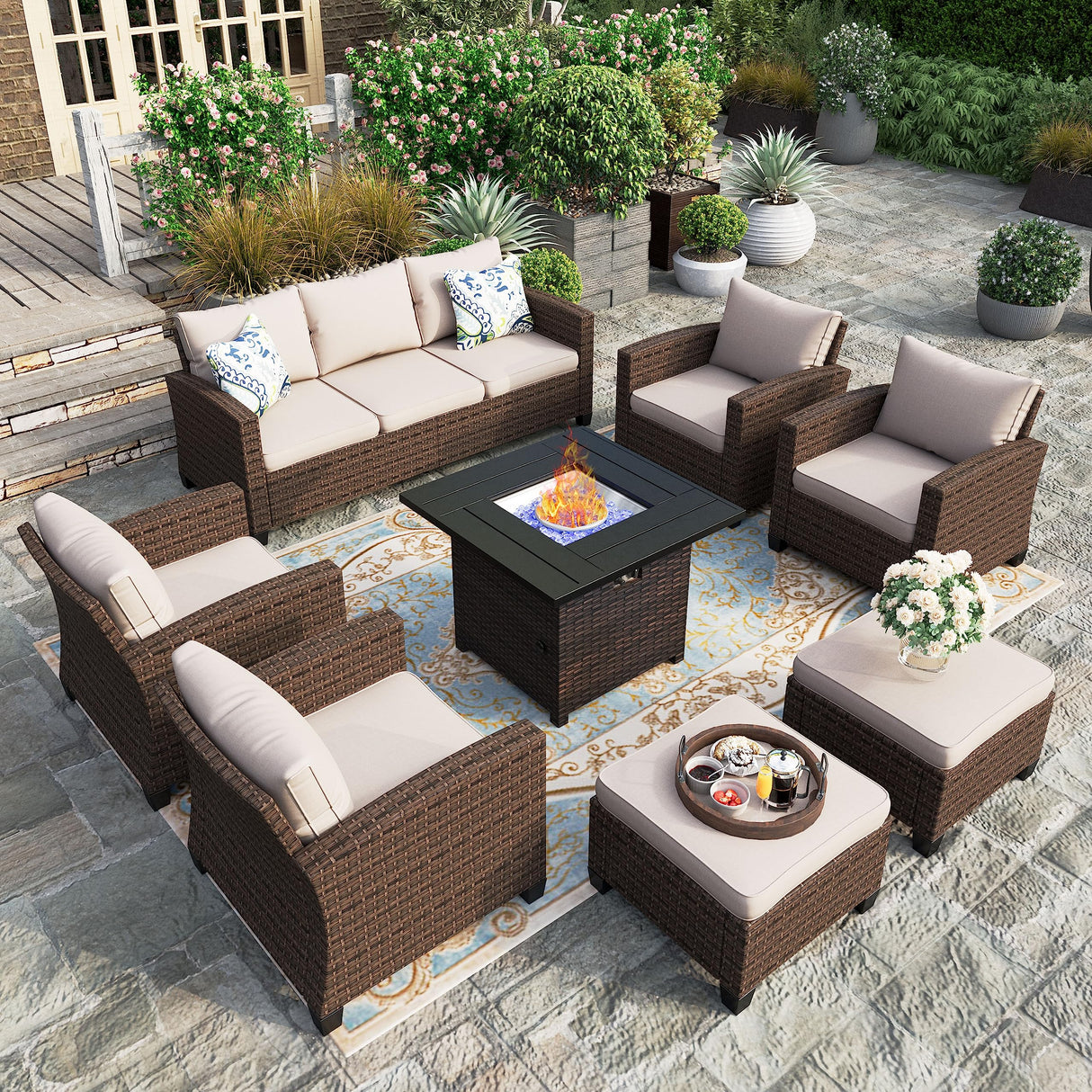8 Pieces Wicker Patio Furniture Set with Fire Pit Table