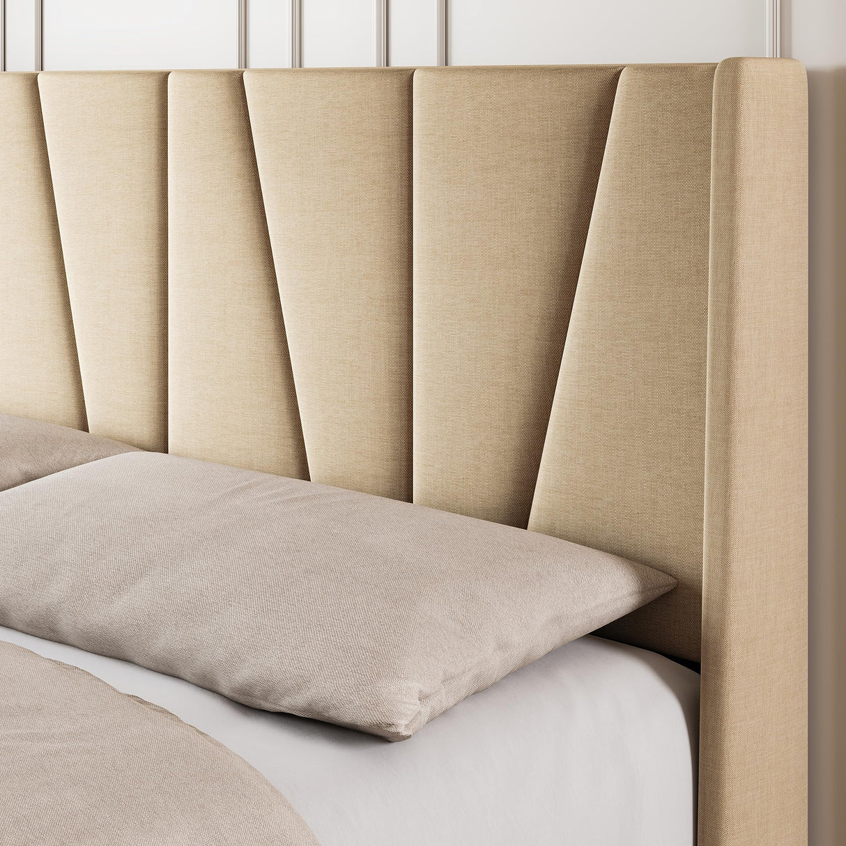 King Size Bed Frame with Geometric Wingback Headboard, Upholstered Platform Bed