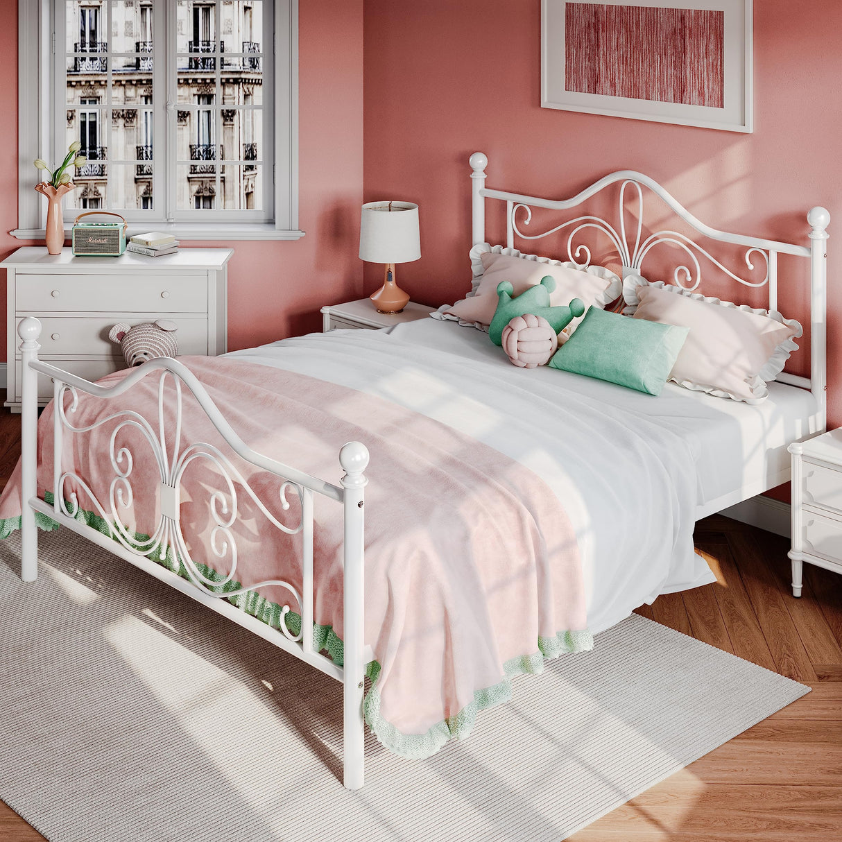 Queen Size Bed Frame , Metal Bed Frame with Butterfly Pattern Design