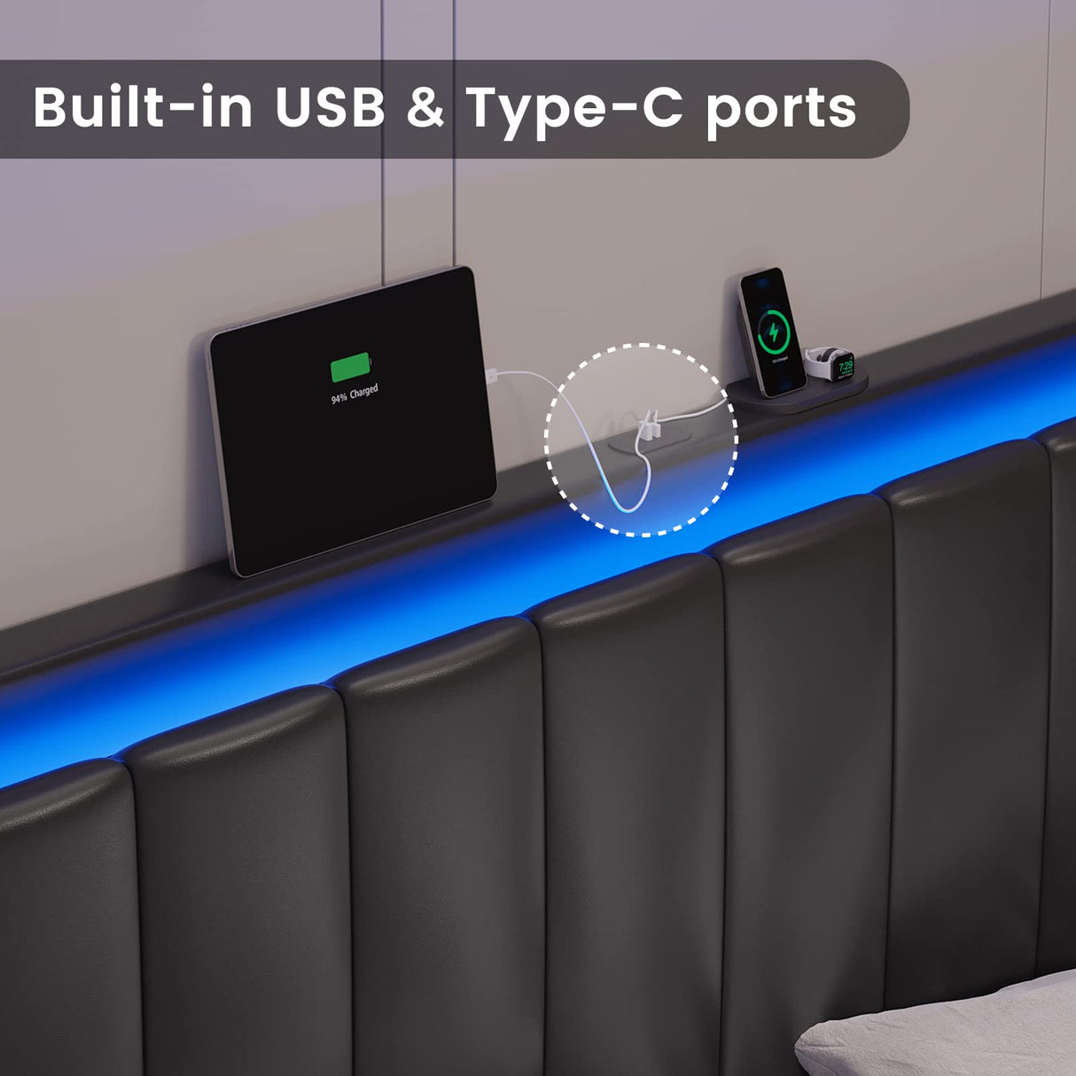 Bed Frame with Built-in USB & Type-C Ports for Charging