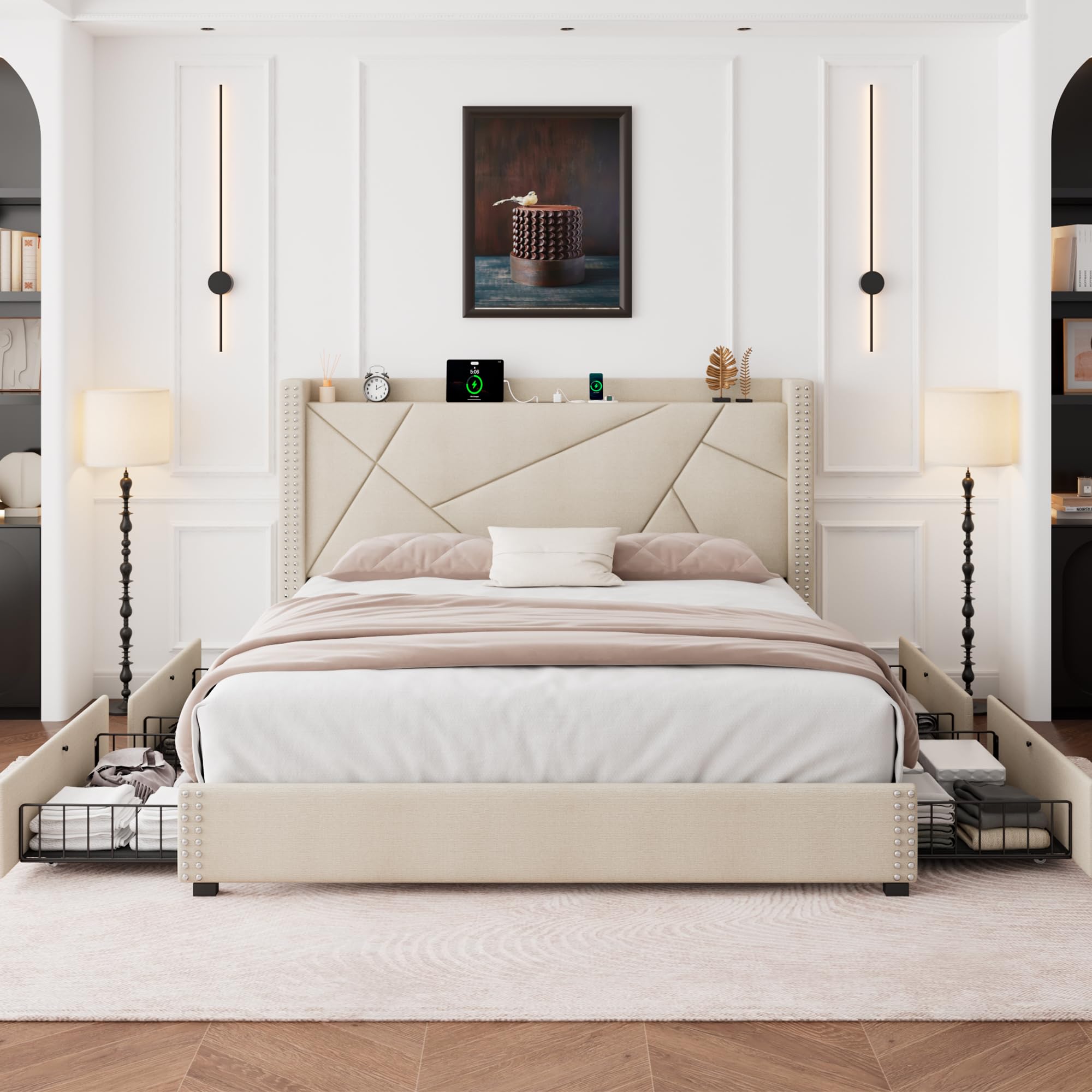 Bed Frame with Storage Drawers & Charging Station - Beige