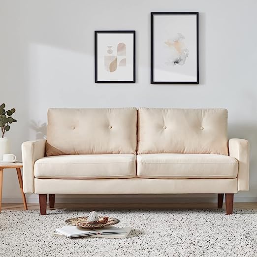 69" Modern Cream Love Seats Sofa Couch Furniture, Velvet Fabric Mid Century Couch