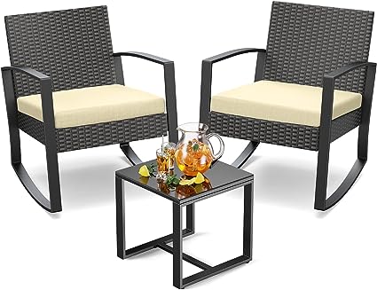 3 Pieces Wicker Patio Furniture Set, Modern Rocking Conversation Set