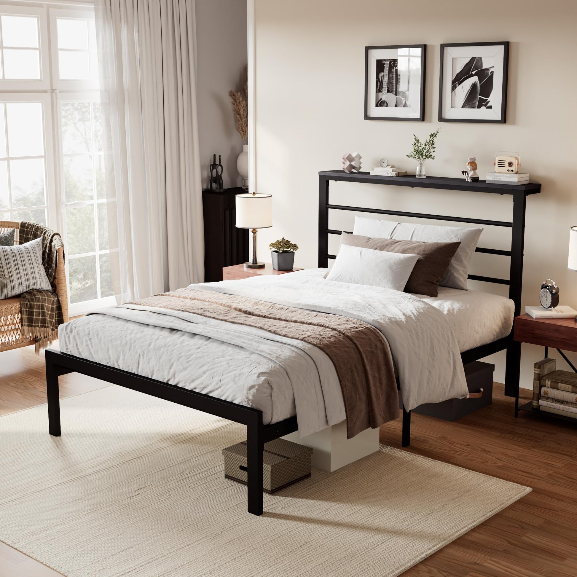 Bircata Nova Bed Frame with a modern headboard shelf