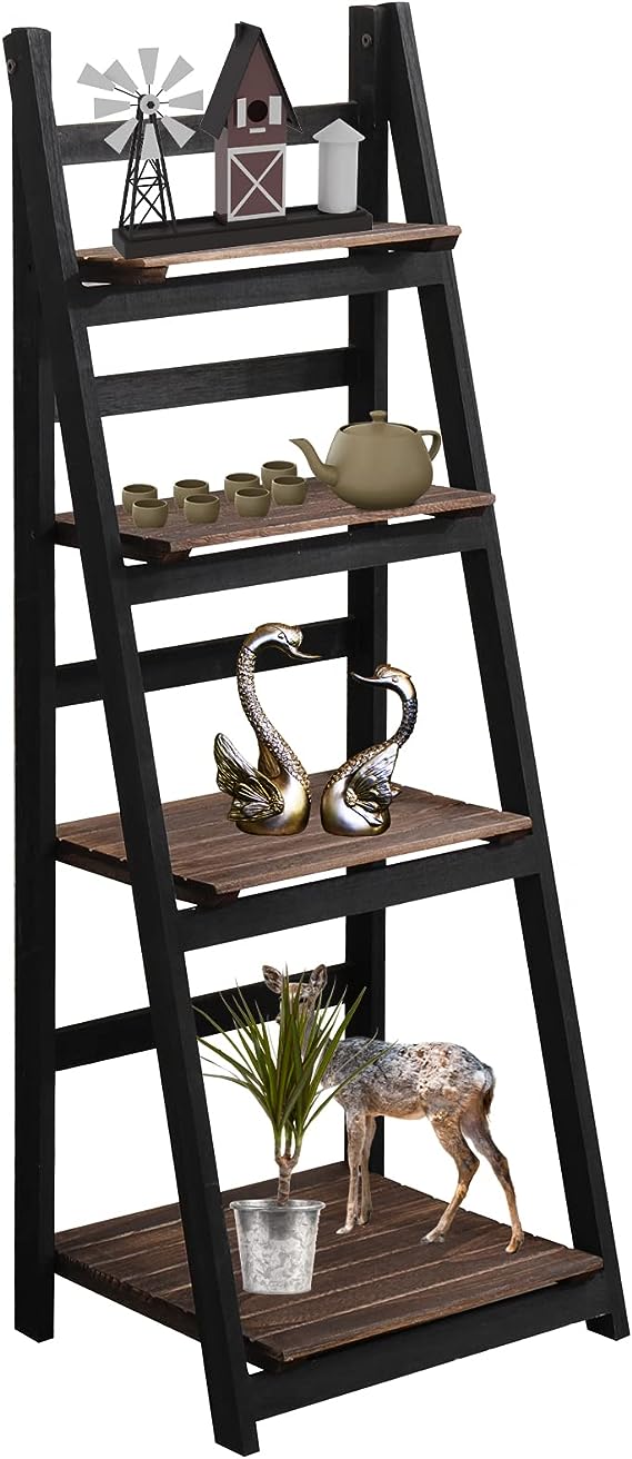 Babion 4-Tier Ladder Bookshelf – Black Wooden Storage Rack