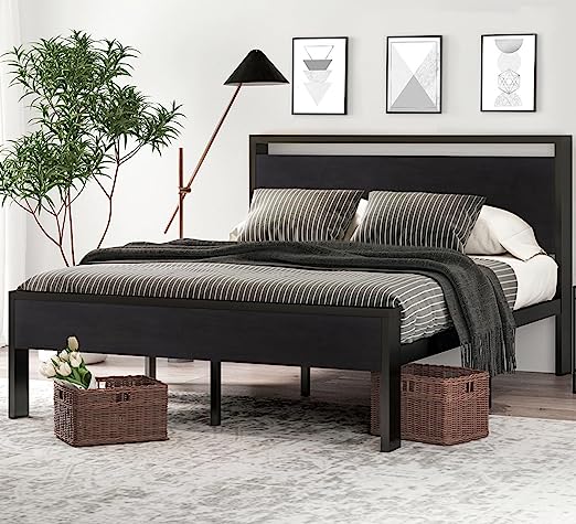 14 Inch King Size Metal Platform Bed Frame with Wooden Headboard and Footboard