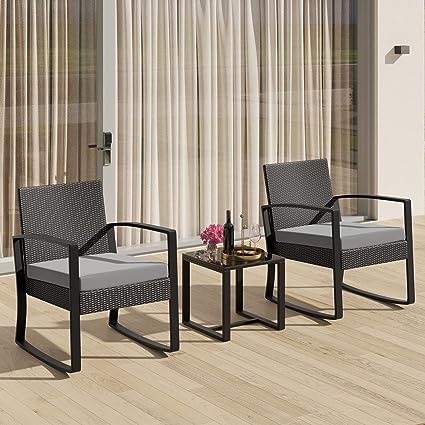 3 Pieces Wicker Patio Furniture Set, Modern Rocking Conversation Set