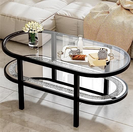 Glass Coffee Table with 2 Tier Glass Boards & Sturdy Metal Legs