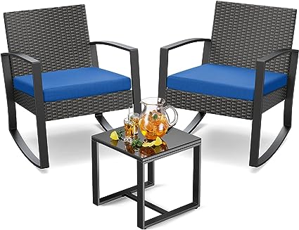 3 Pieces Wicker Patio Furniture Set, Modern Rocking Conversation Set