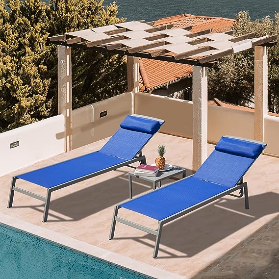 Patio Chaise Lounge Set -3 Pieces Aluminum Adjustable Pool Lounge Chairs
