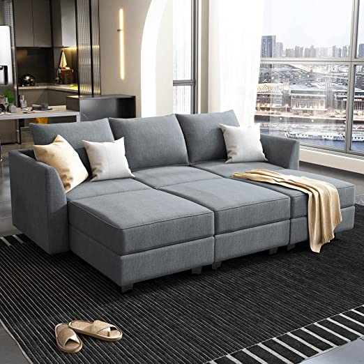 Convertible Modular Sectional Sofa with Ottomans Polyester Fabric Sleeper Sectional