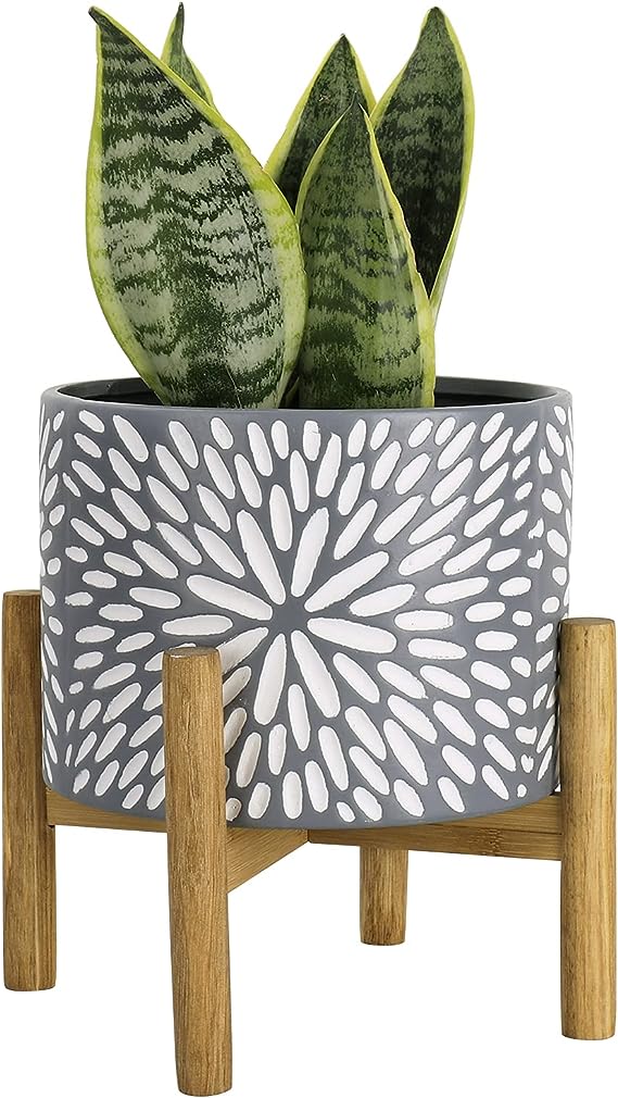 8-Inch Ceramic Planter with Wooden Stand