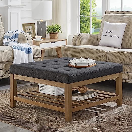 Large Square Upholstered Tufted Linen Ottoman Coffee Table
