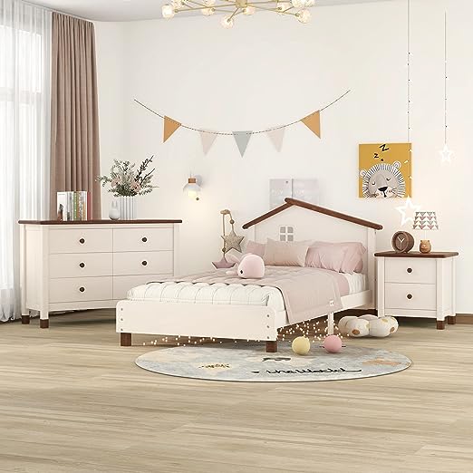 White+Gray 3 Pieces Modern Rustic Wood Furniture Kids House Bed Frame