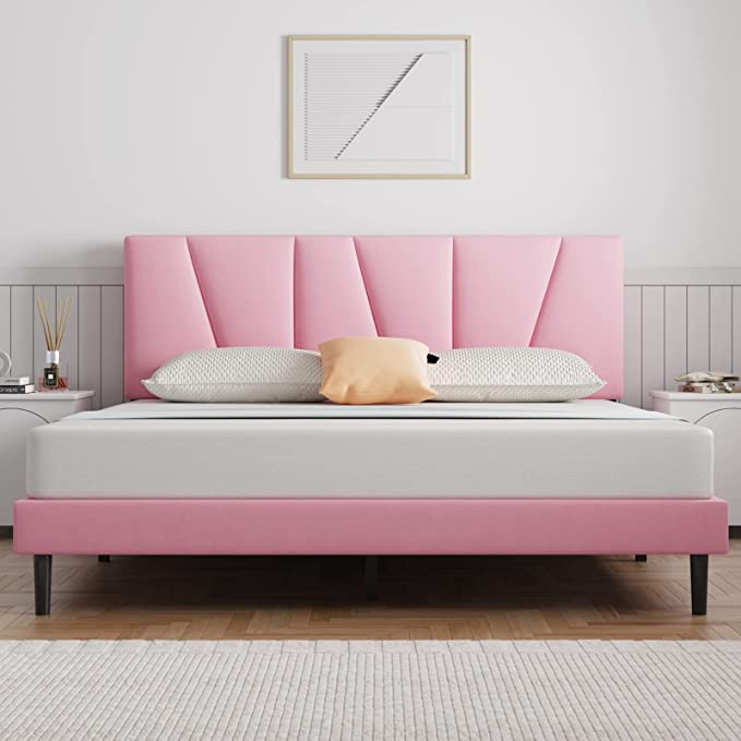 Queen Bed Frame Upholstered Platform with Headboard and Strong Wooden Slats