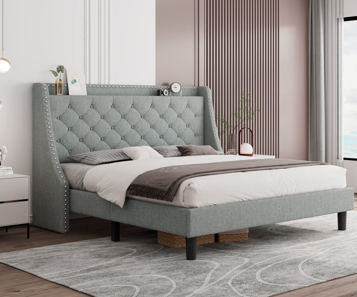 Elegant Wingback Bed Frame with Diamond Tufted Upholstered Headboard
