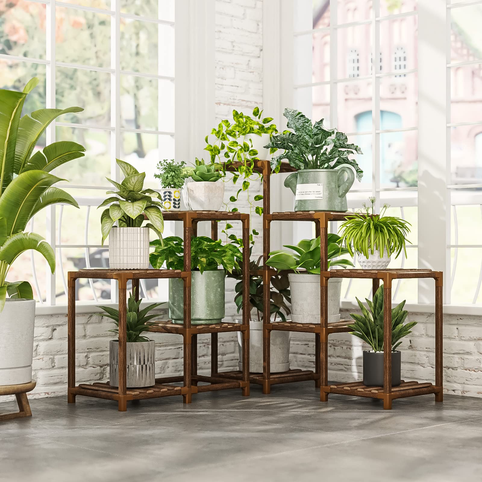 Elegant wooden plant shelf for patios, balconies, and living spaces