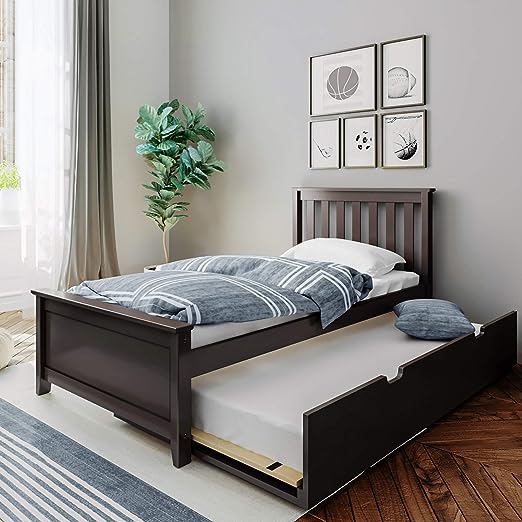 Twin Bed, Wood Bed Frame with Headboard For Kids