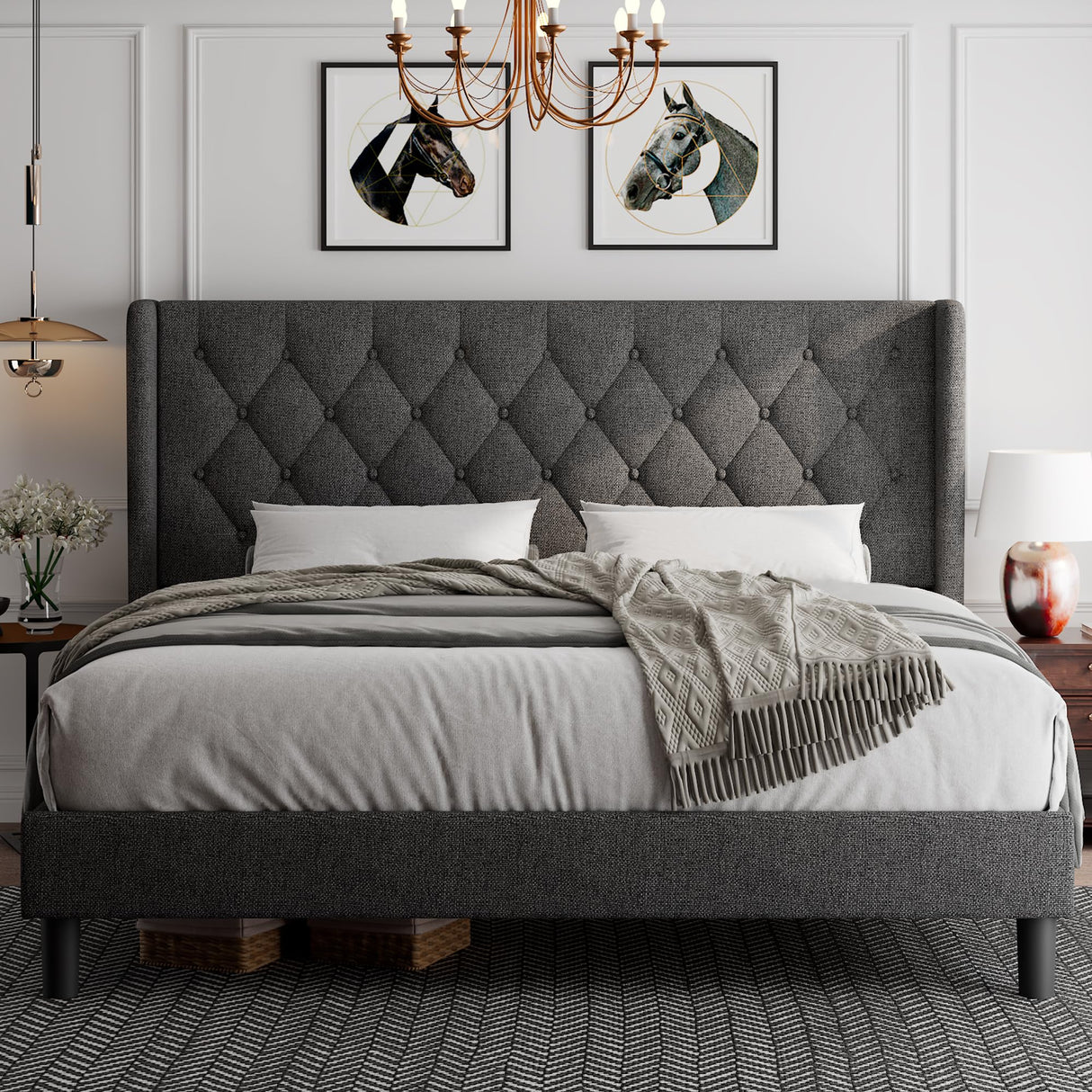 Front view of elegant wingback upholstered king size bed frame