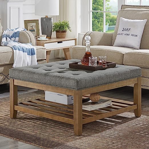 Large Square Upholstered Tufted Linen Ottoman Coffee Table