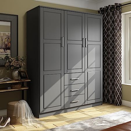 100% Solid Wood Cosmo 3-Door Wardrobe Armoire with Raised Panel Doors