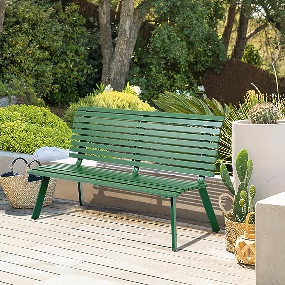 Outdoor Aluminum Garden Bench, Patio Porch Chair Furniture, Slatted Design