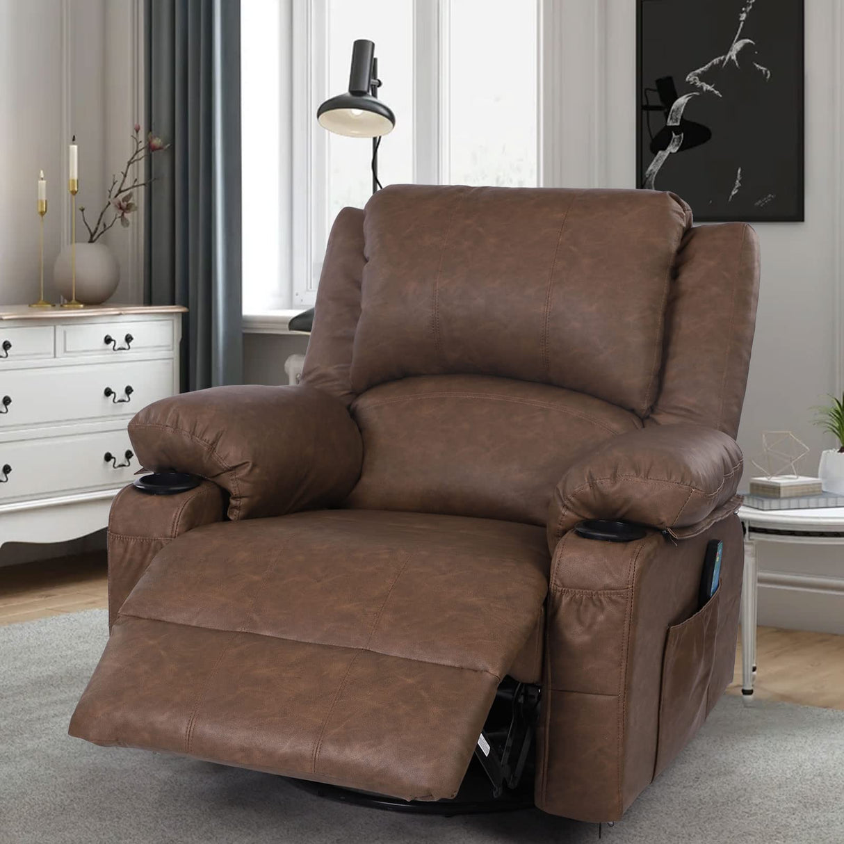 Heated leather recliner chair with massage and swivel rocker in mocha brown
