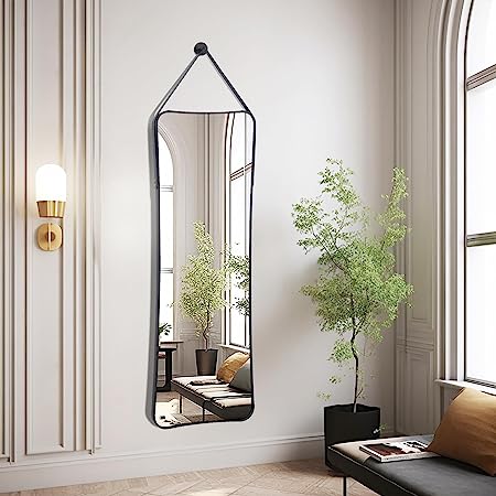 16"x48" Oval Hanging Mirror with Leather Strap Full Length Mirror Aluminum Frame Wall-Mounted Hanging Mirrors for Bathroom Vanity Living Room Bedroom Entryway Decor