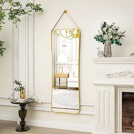 16"x48" Oval Hanging Mirror with Leather Strap Full Length Mirror Aluminum Frame Wall-Mounted Hanging Mirrors for Bathroom Vanity Living Room Bedroom Entryway Decor
