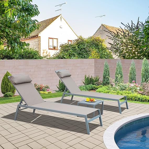 Patio Chaise Lounge Set -3 Pieces Aluminum Adjustable Pool Lounge Chairs