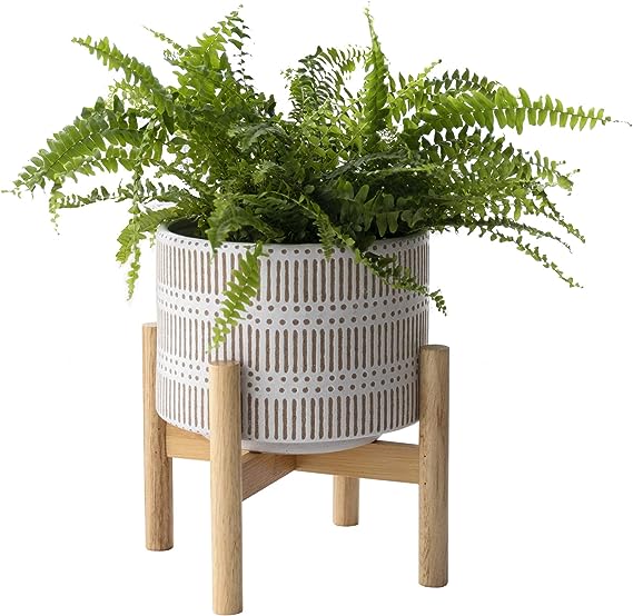 8-Inch Ceramic Planter with Wooden Stand