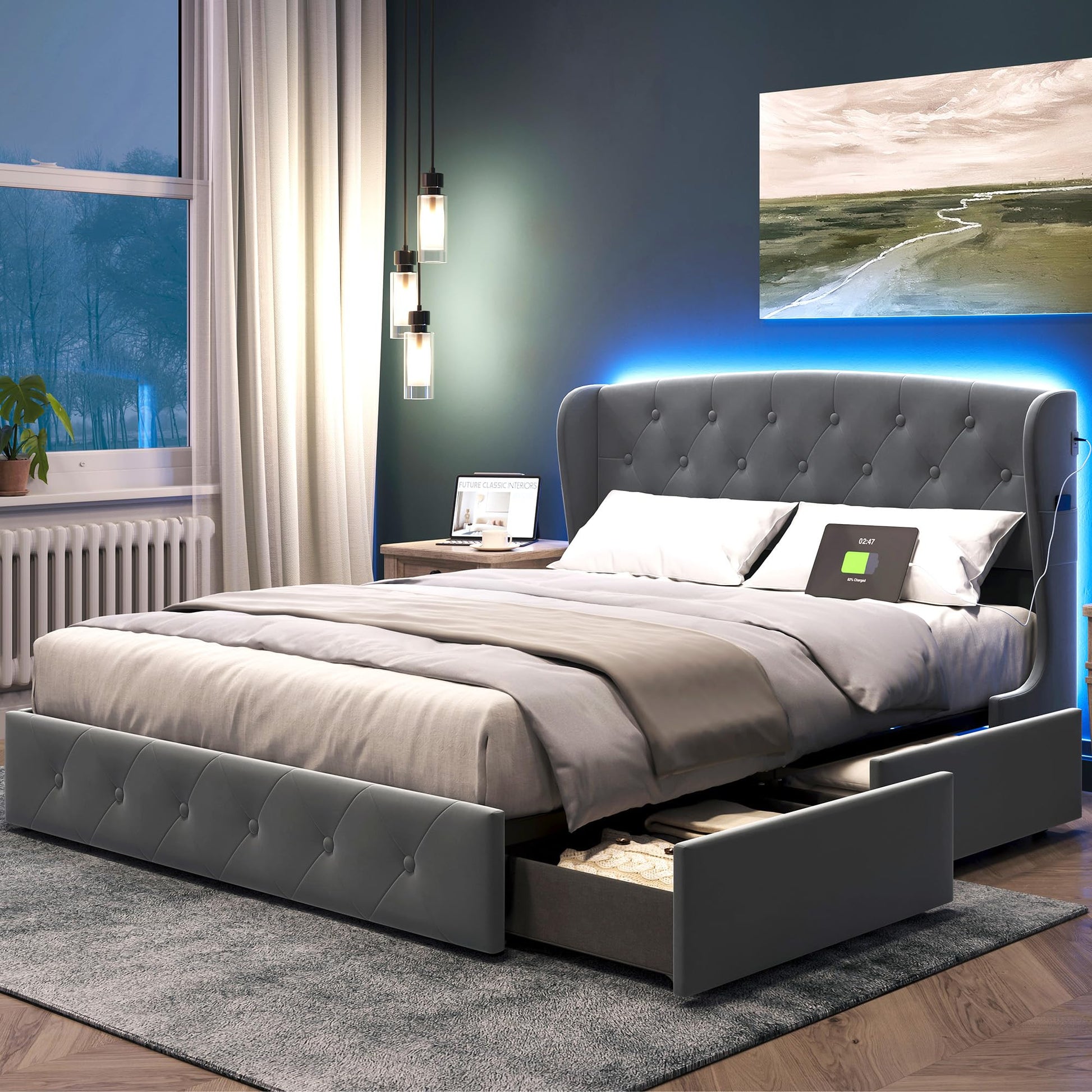 LumeRest LED Bed with RGB Lights and Storage Drawers in Dark Grey