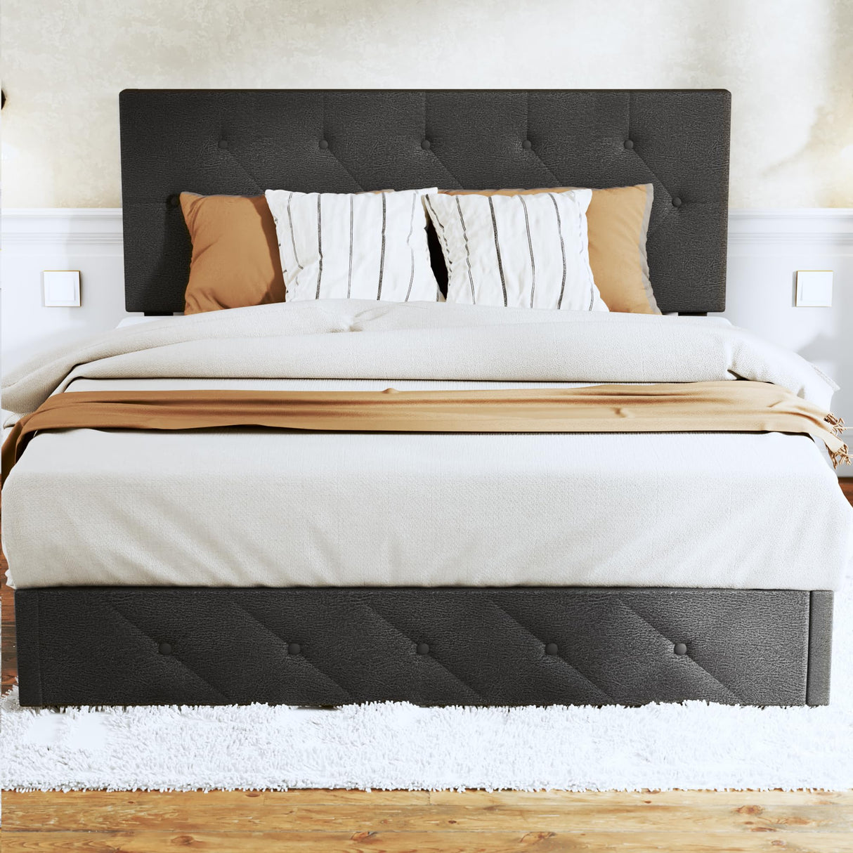 LuxeRest Upholstered Bed with Storage Drawers in Grey