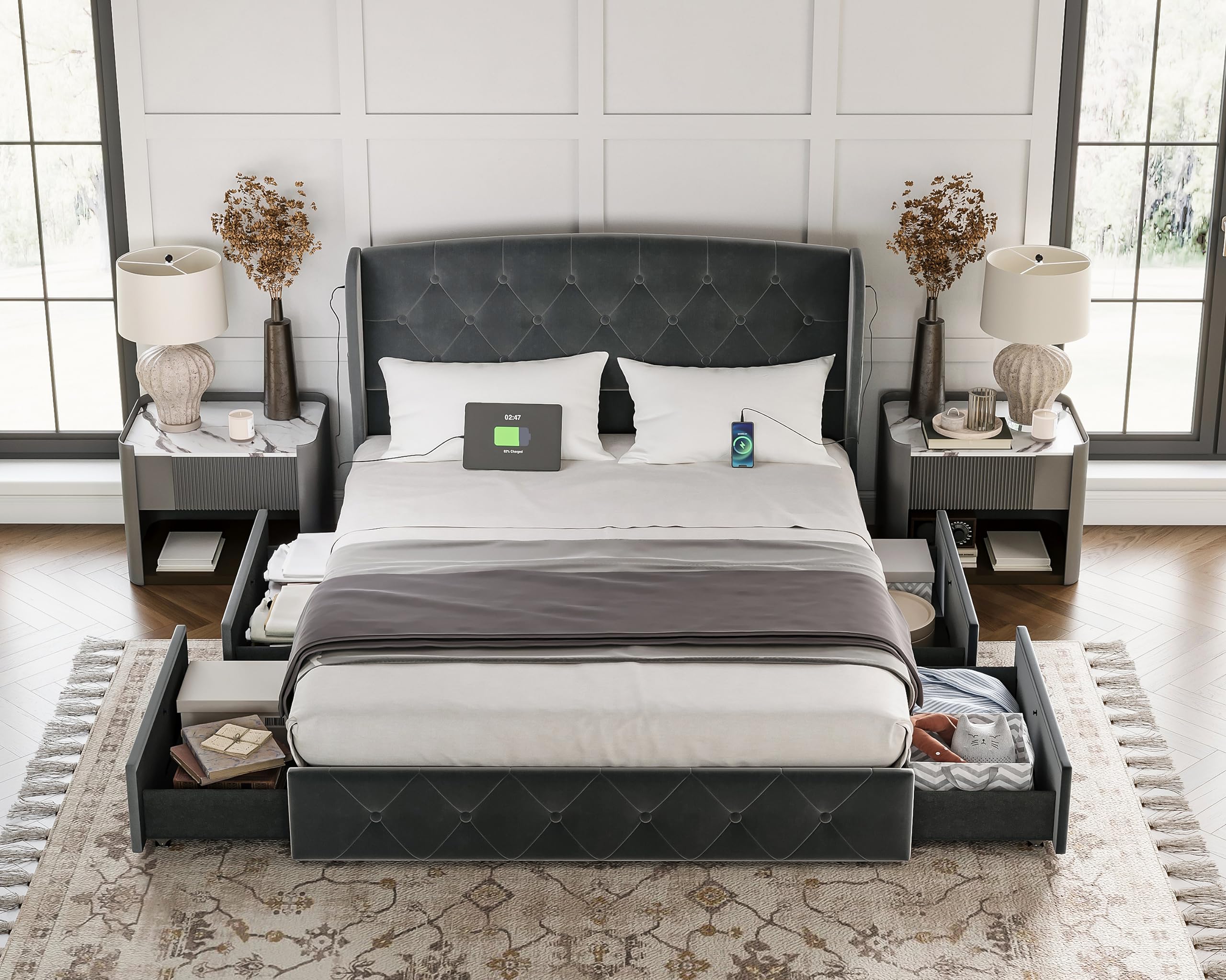 Luxury Bed Frame with 4 Storage Drawers and Wingback Headboard