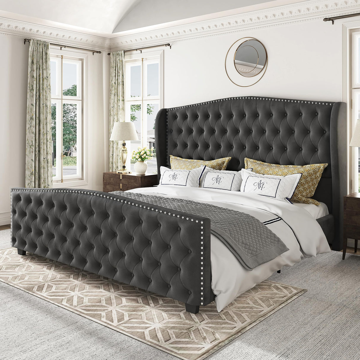 Luxury tufted velvet bed frame with wingback headboard and footboard
