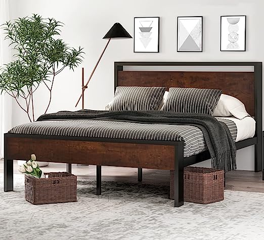 14 Inch King Size Metal Platform Bed Frame with Wooden Headboard and Footboard