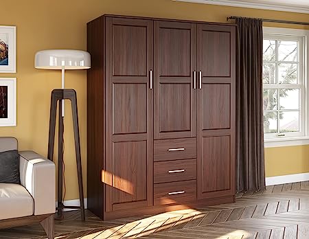 100% Solid Wood Cosmo 3-Door Wardrobe Armoire with Raised Panel Doors
