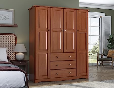 100% Solid Wood Family Wardrobe/Armoire/Closet, Mahogany with Metal Knobs