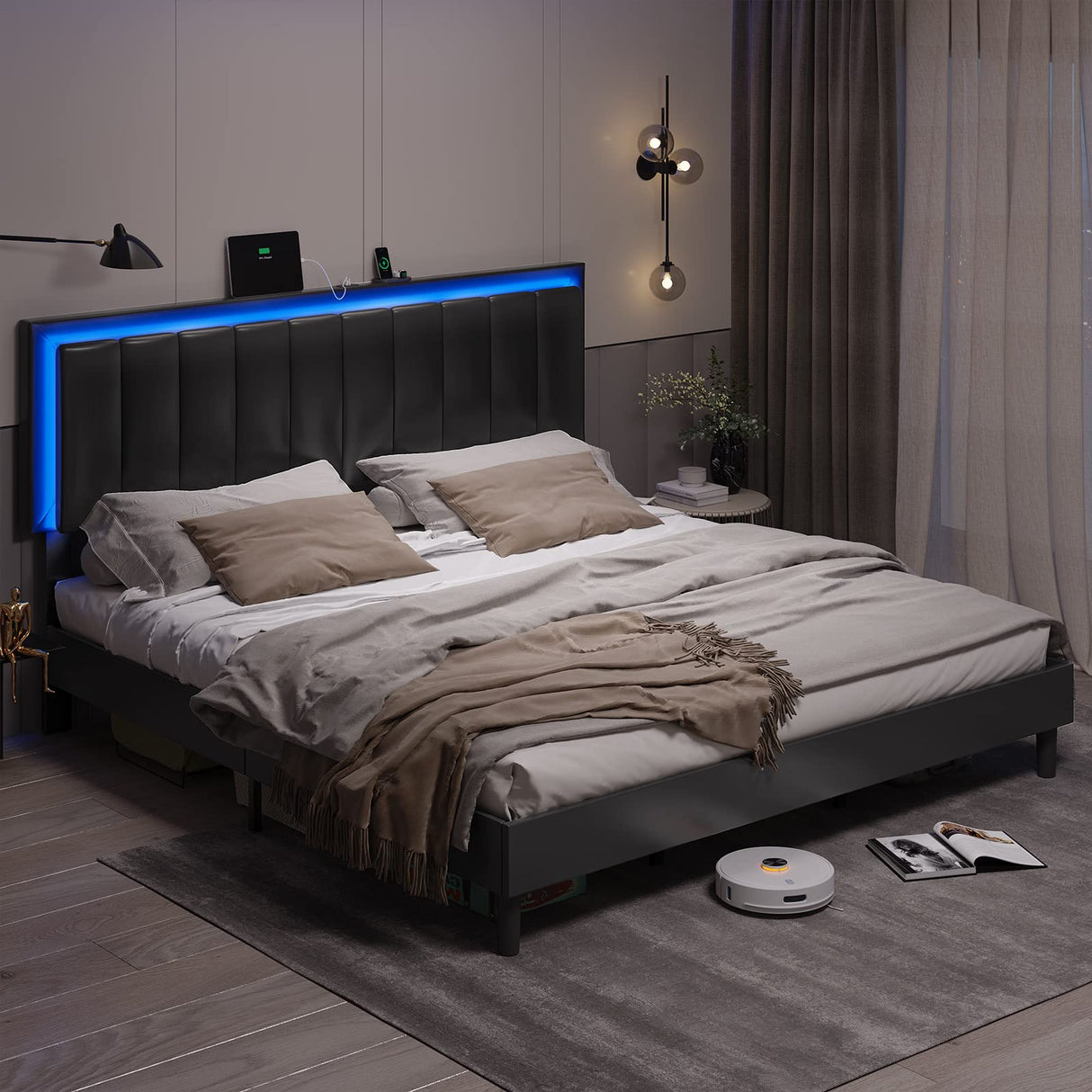 Modern LED Headboard Bed Frame with Soft Padded Upholstery