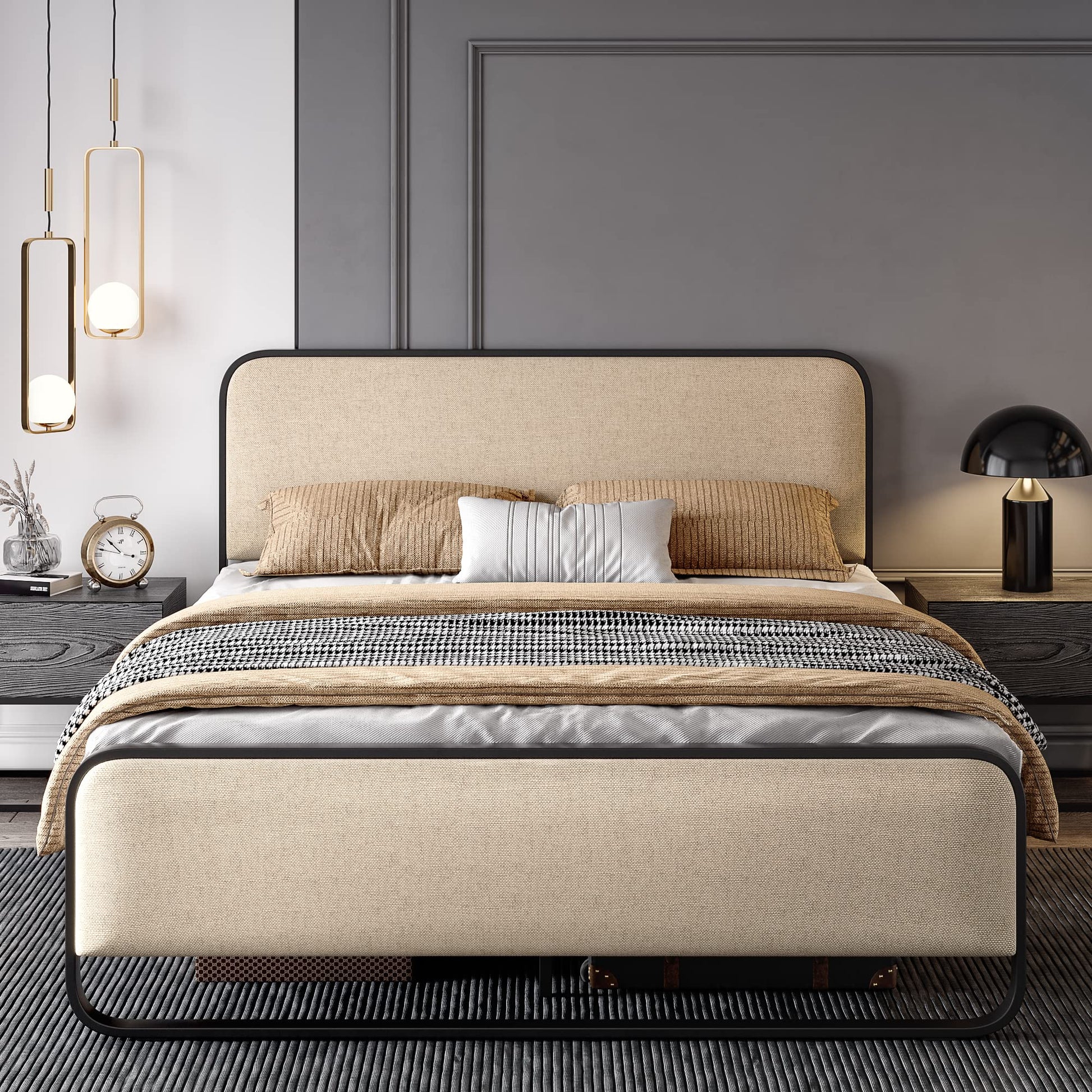 Modern Queen Size Platform Bed with Padded Headboard