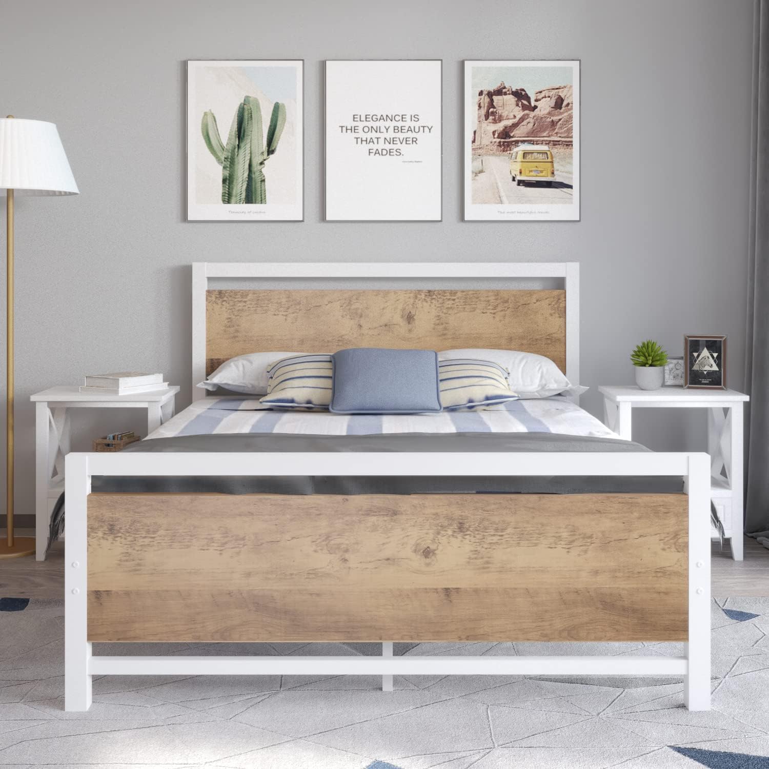 Modern metal bed frame with wood panel headboard in a cozy bedroom setup