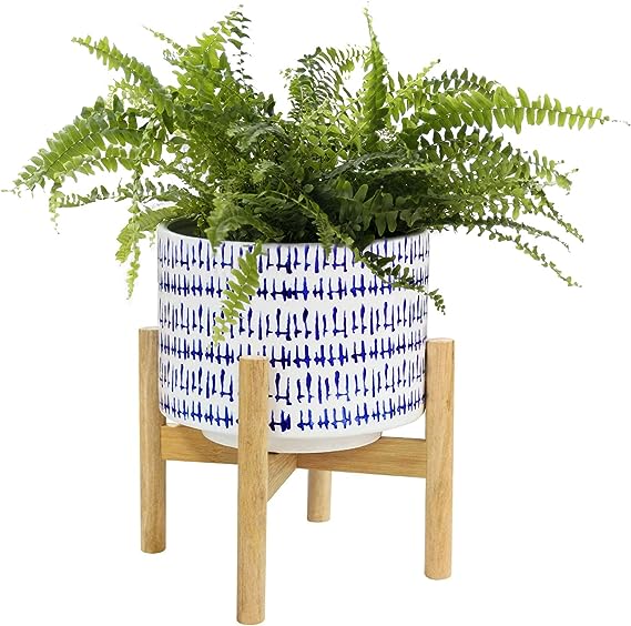 8-Inch Ceramic Planter with Wooden Stand
