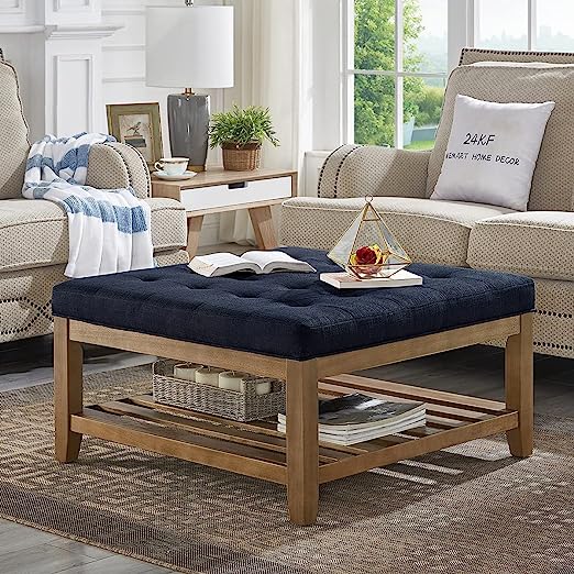 Large Square Upholstered Tufted Linen Ottoman Coffee Table