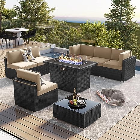 8 Pieces Outdoor Patio Furniture Set with 44" Fire Pit Table Brown Rattan