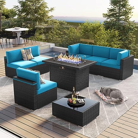8 Pieces Outdoor Patio Furniture Set with 44" Fire Pit Table Brown Rattan