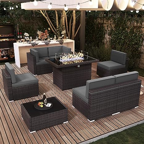 8 Pieces Outdoor Patio Furniture Set with 44" Fire Pit Table Brown Rattan