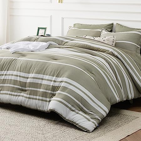 Bed in a Bag Twin Size 5 Pieces, Khaki White Striped Bedding Comforter Sets All Season Bed Set