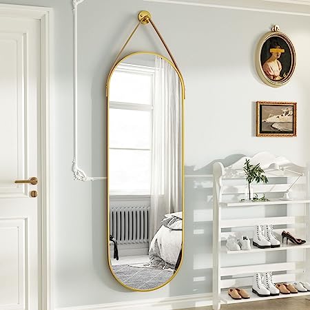16"x48" Oval Hanging Mirror with Leather Strap Full Length Mirror Aluminum Frame Wall-Mounted Hanging Mirrors for Bathroom Vanity Living Room Bedroom Entryway Decor