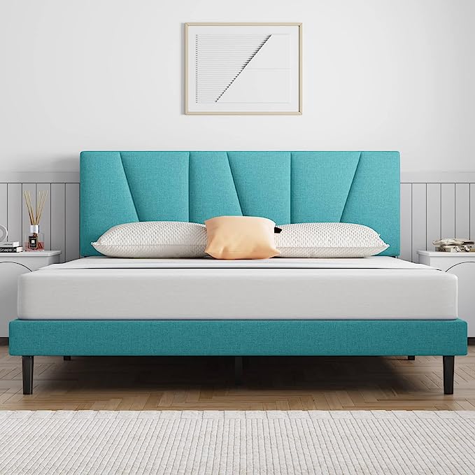 Queen Bed Frame Upholstered Platform with Headboard and Strong Wooden Slats